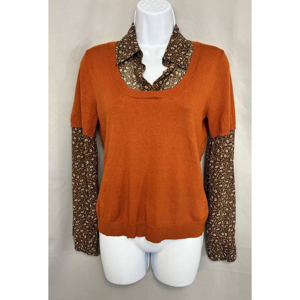 VTG NINE WEST sweater Blouse Combo Medium Pumpkin And Brown Silk And Sweater Y2K